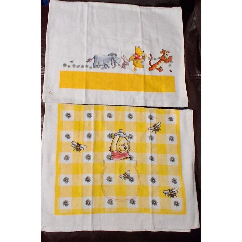 NWOT Disney Winnie the Pooh Friends Kitchen Towel Set of 2 Gingham Yellow Cotton